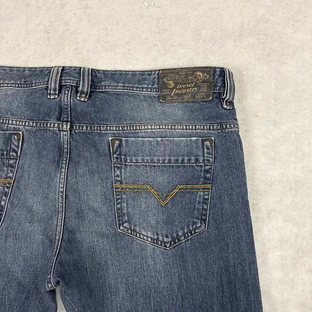 Diesel Industry Safado Jeans Mens 38x32 Blue Button Fly Stretch Distressed Denim